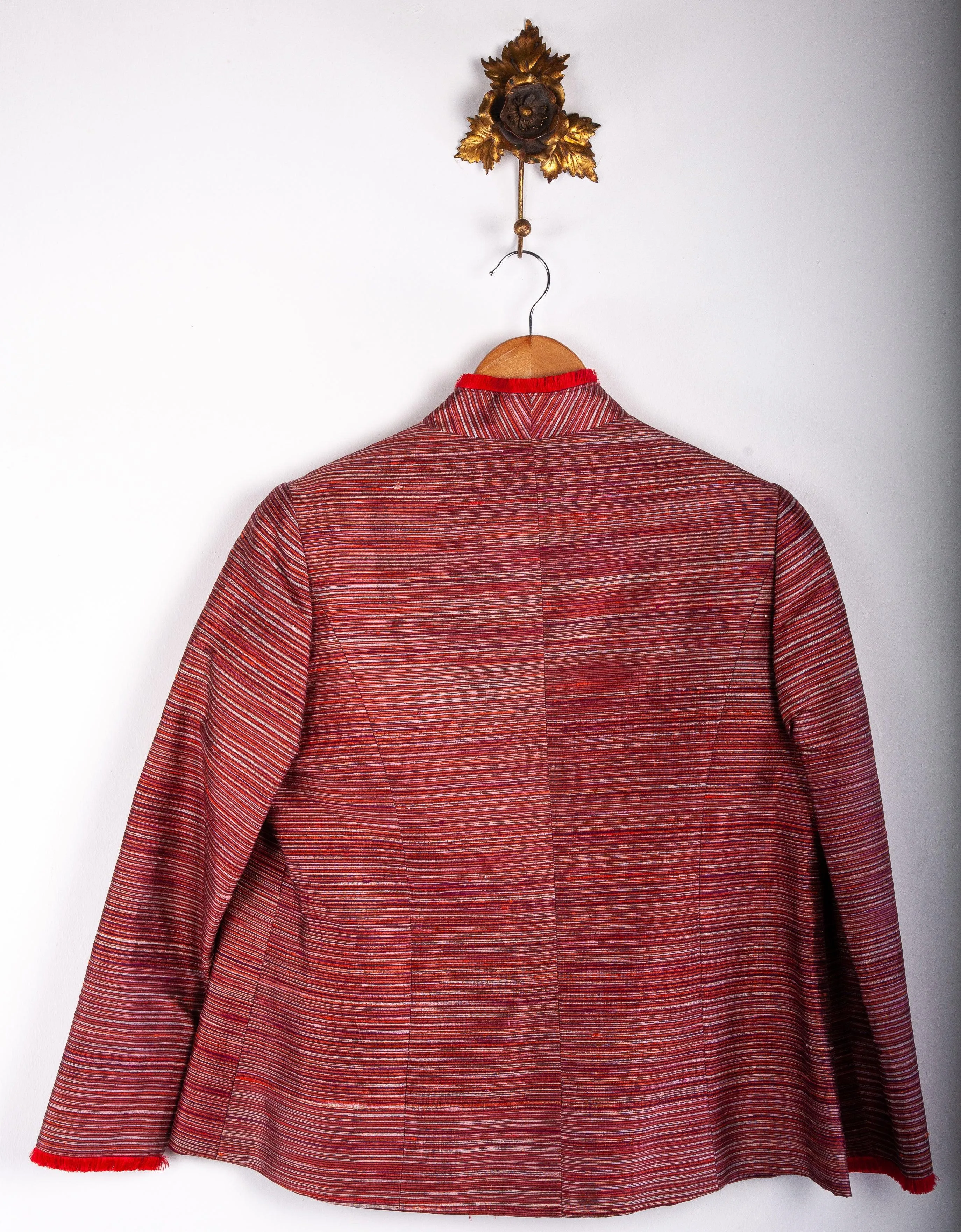 The Thai Shop Pure Silk Jacket Red and Cream Stripe Size L