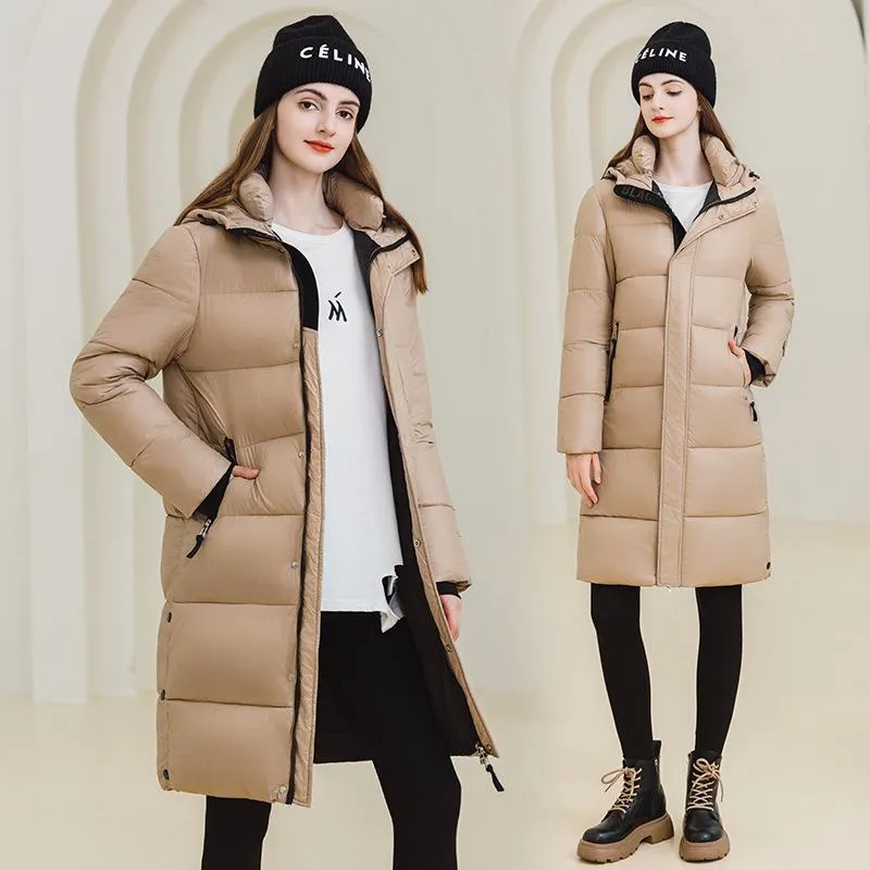 Thickened Hooded Thigh-Length Waterproof Puffer Coat