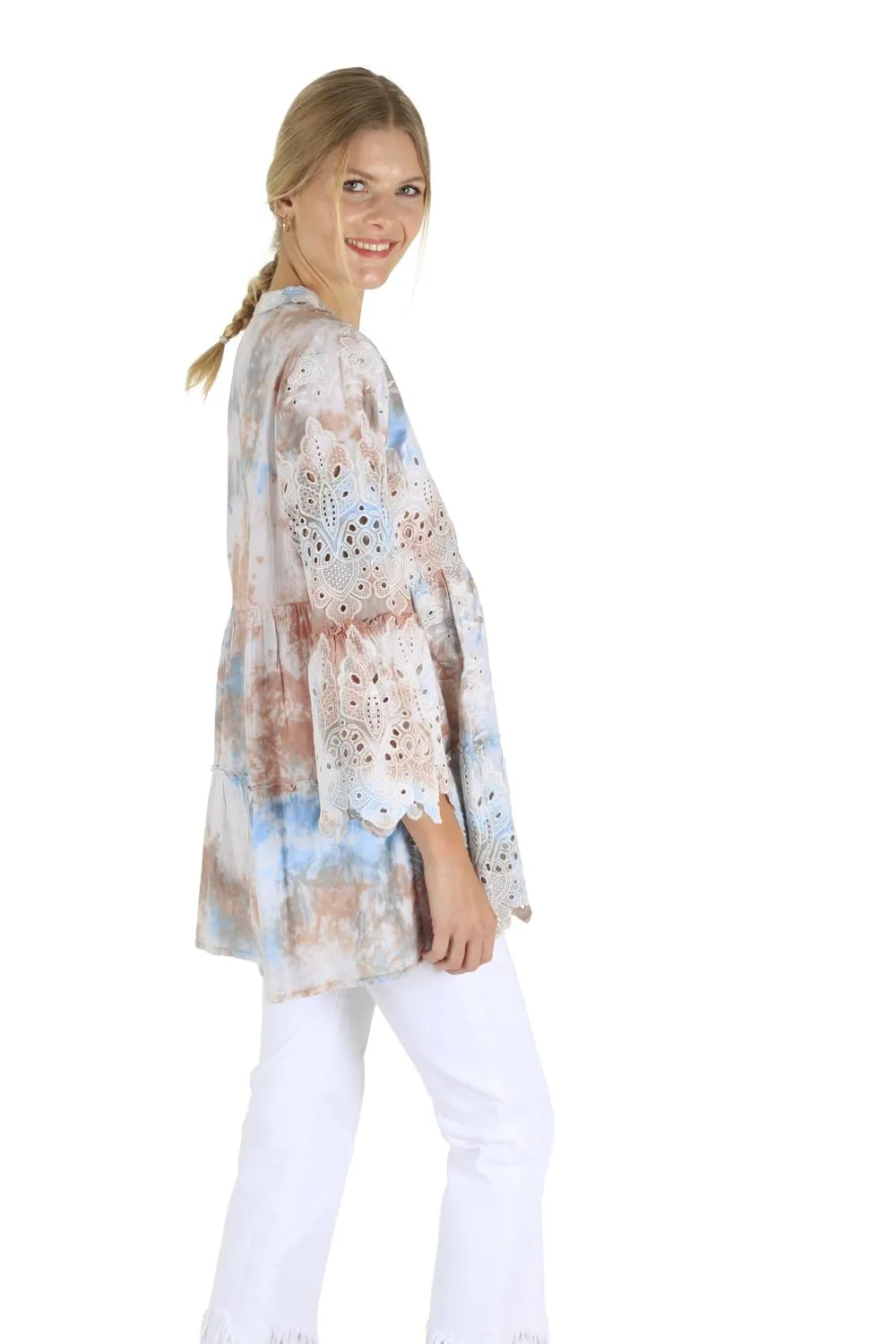 TIE DYE FLARED TUNIC IN FOREST BROWN