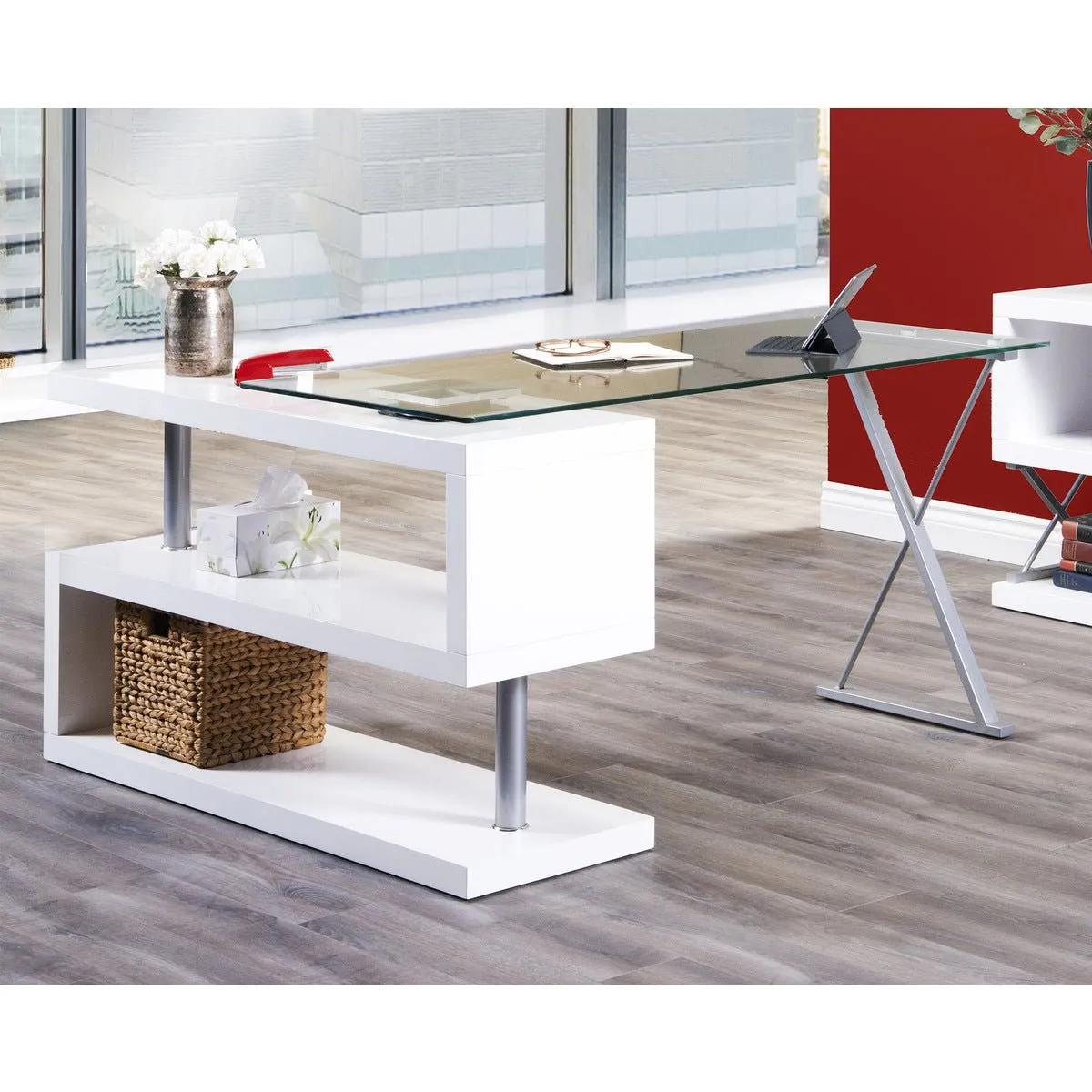 Torino Swivel Computer Desk in White Glossy Finish