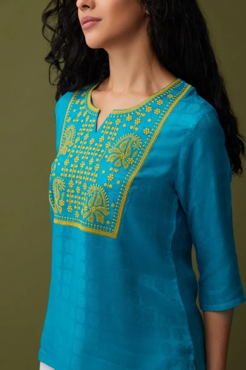 Turquoise Jacquard Embroidered Tunic