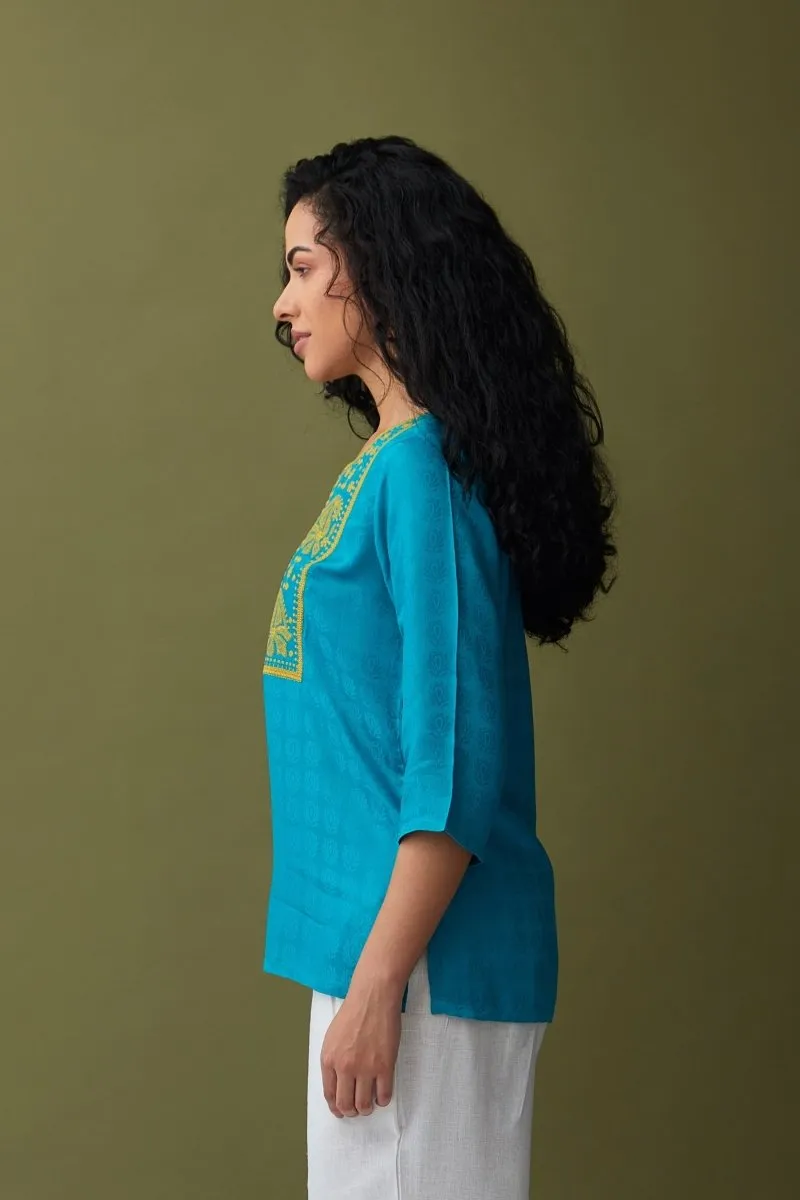 Turquoise Jacquard Embroidered Tunic