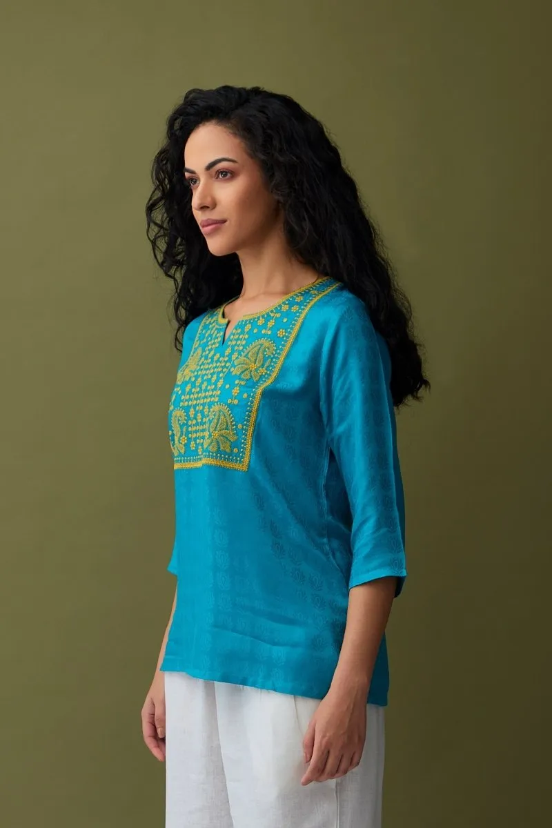 Turquoise Jacquard Embroidered Tunic