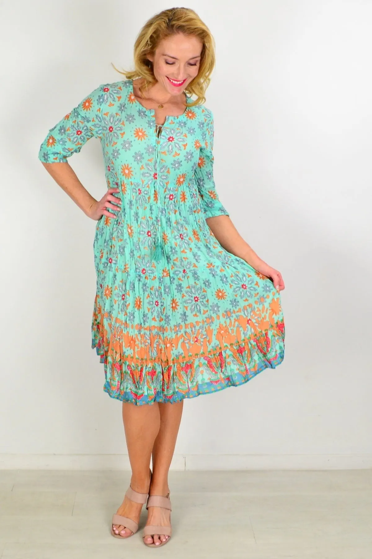 Turquoise Midi Tie Neck Tunic Dress