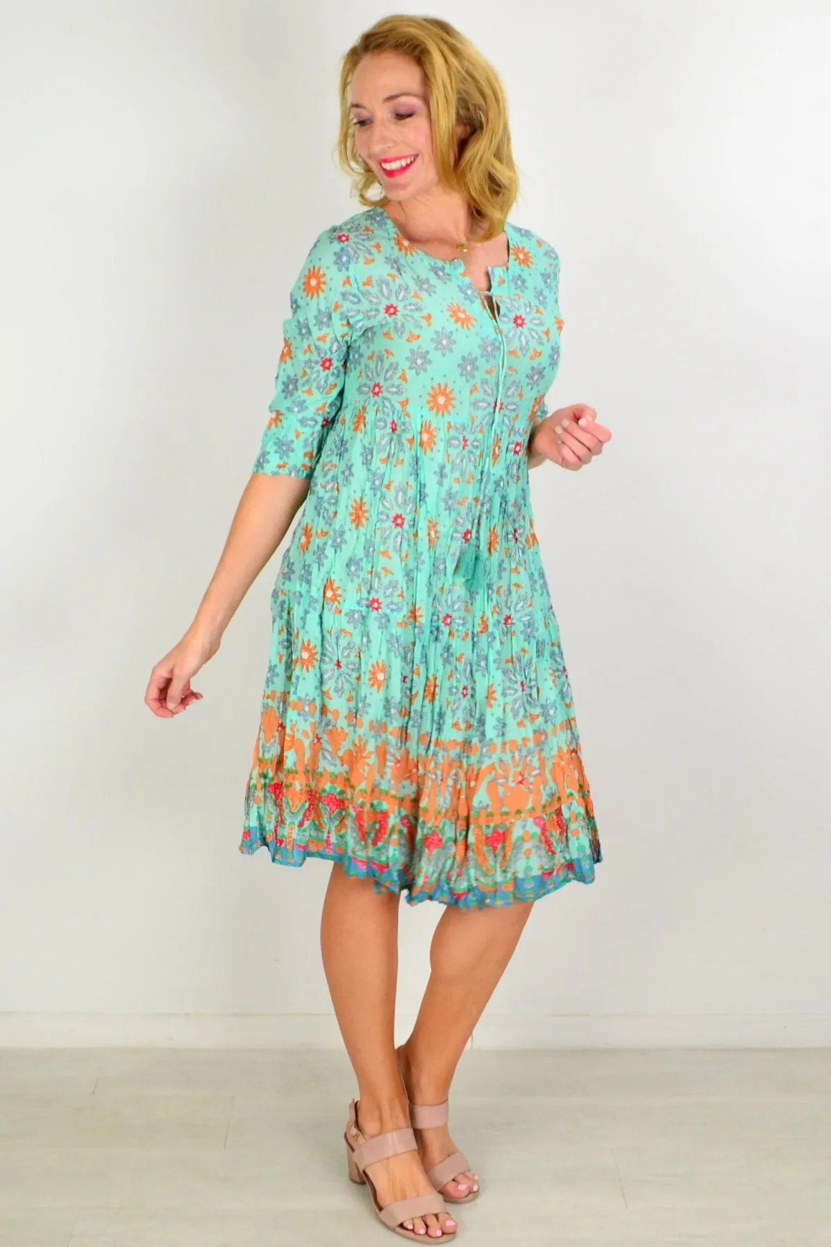 Turquoise Midi Tie Neck Tunic Dress