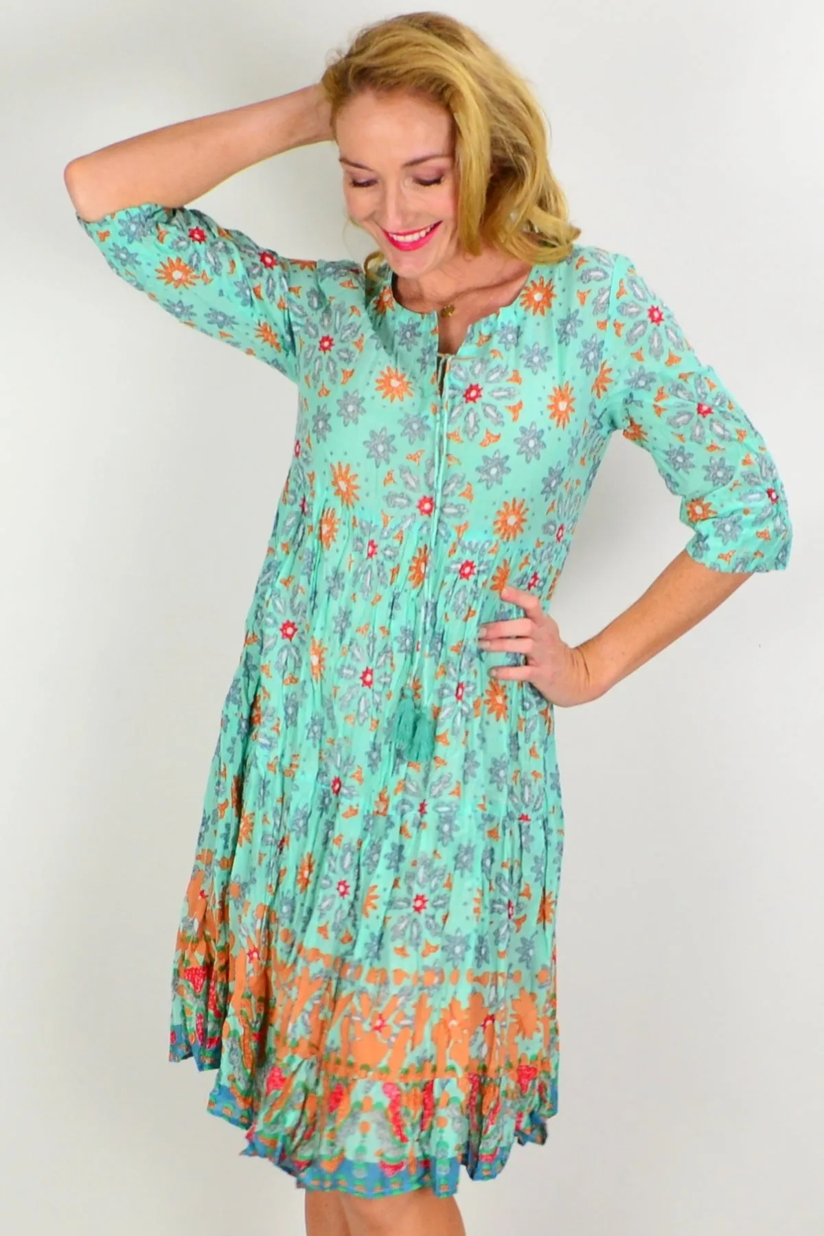 Turquoise Midi Tie Neck Tunic Dress