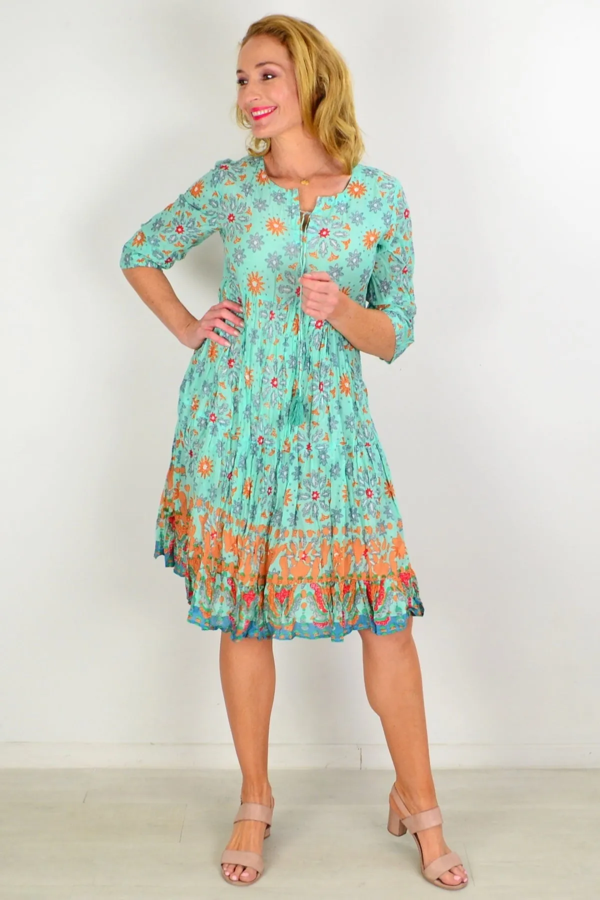 Turquoise Midi Tie Neck Tunic Dress