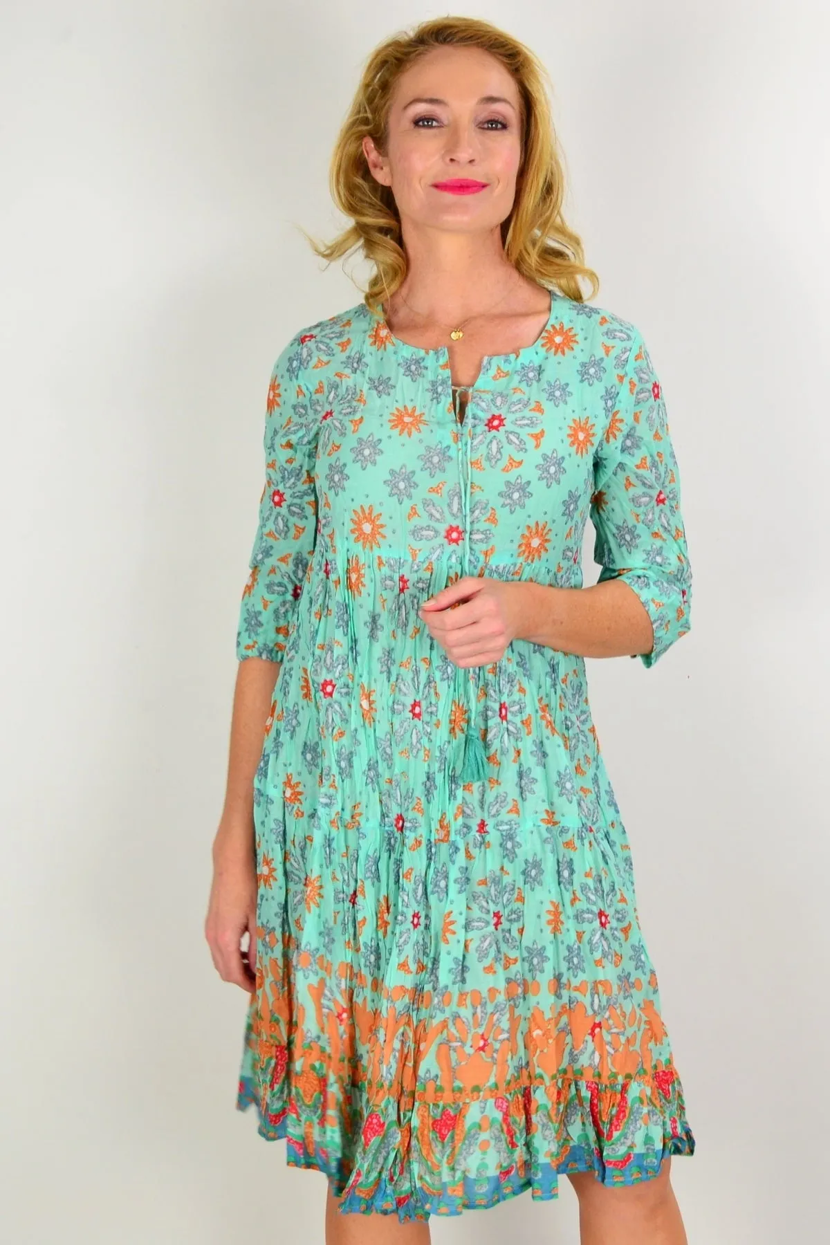 Turquoise Midi Tie Neck Tunic Dress