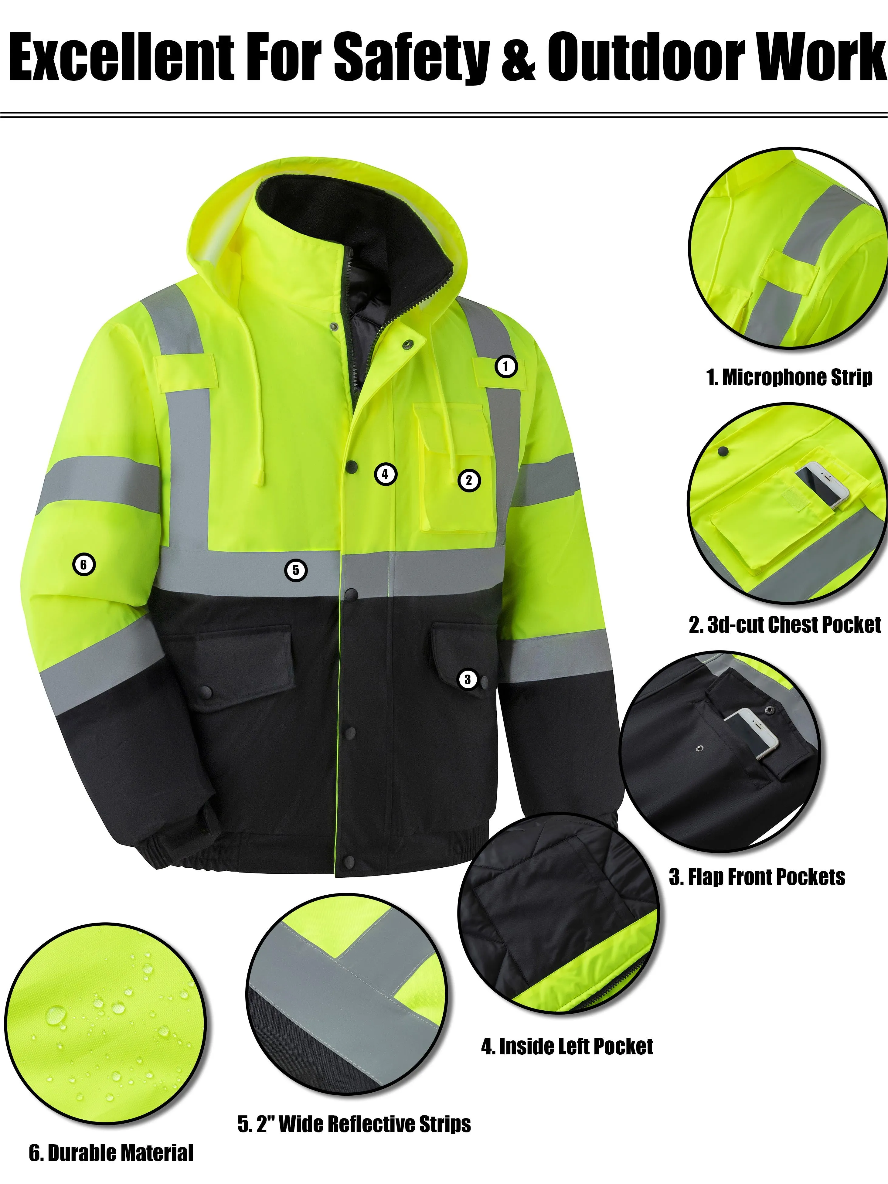 Ubon High Visibility Winter Safety Jackets for Men, Waterproof Reflective Hi Vis Construction Worker Jacket for Cold Weather