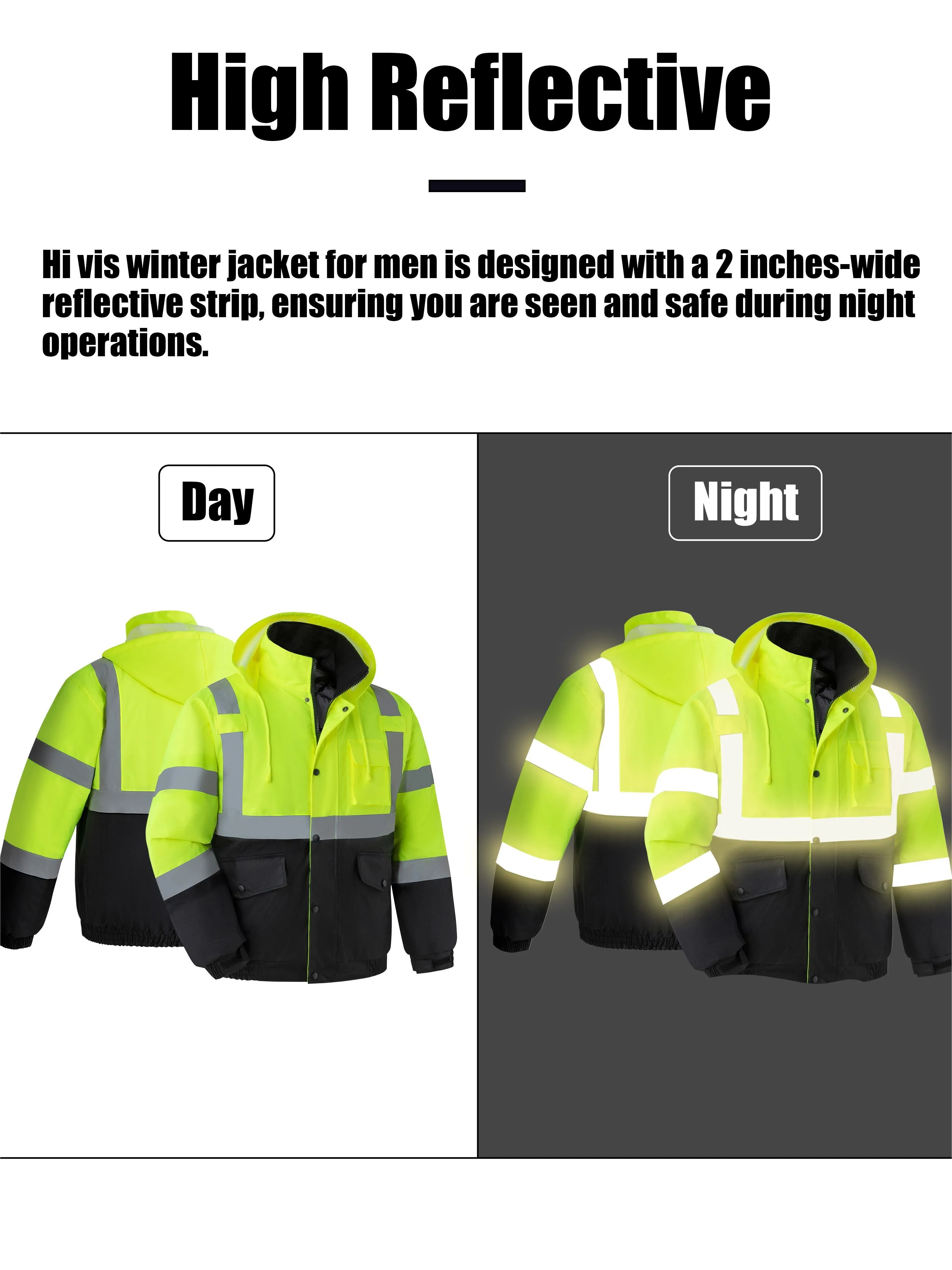 Ubon High Visibility Winter Safety Jackets for Men, Waterproof Reflective Hi Vis Construction Worker Jacket for Cold Weather