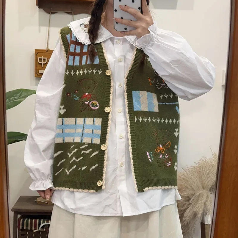 Uniwim sweater Mori Girl Artistic Retro Cartoon Embroidered Outer Wear Slimming Korean Style Age-Reducing Vest Soft Glutinous Knitted Vest All-Matching Top