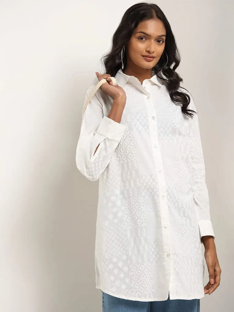 Utsa White Patch-work Print Cotton Tunic