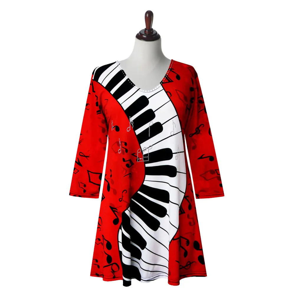 Valentina "Red Piano" V-Neck Print Tunic - 24265-TU - Size M Only!