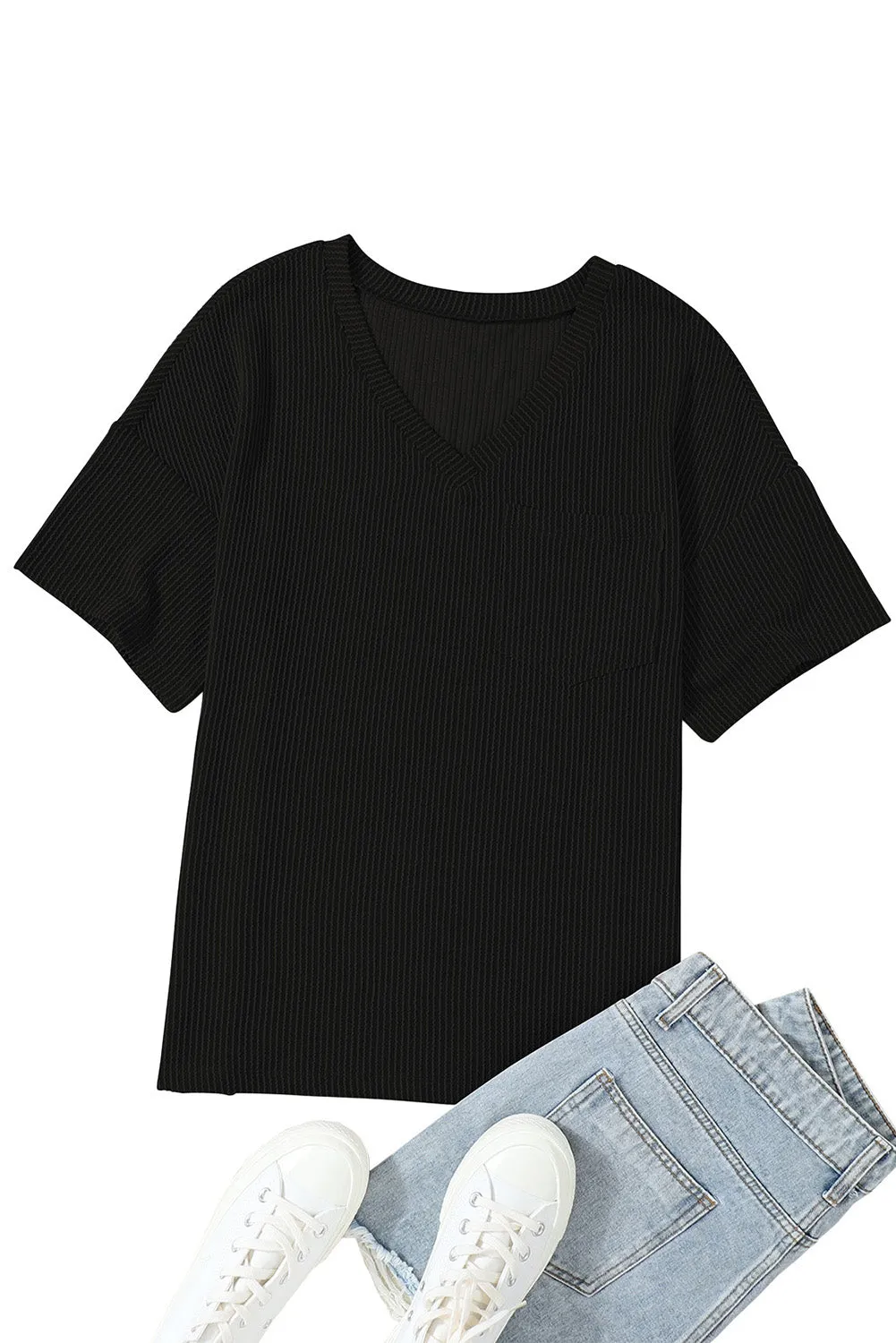 Valerian Ribbed V Neck Pocket Drop Sleeve T-Shirt