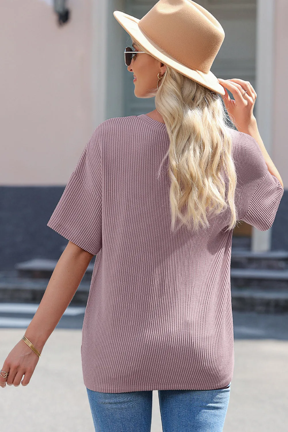 Valerian Ribbed V Neck Pocket Drop Sleeve T-Shirt