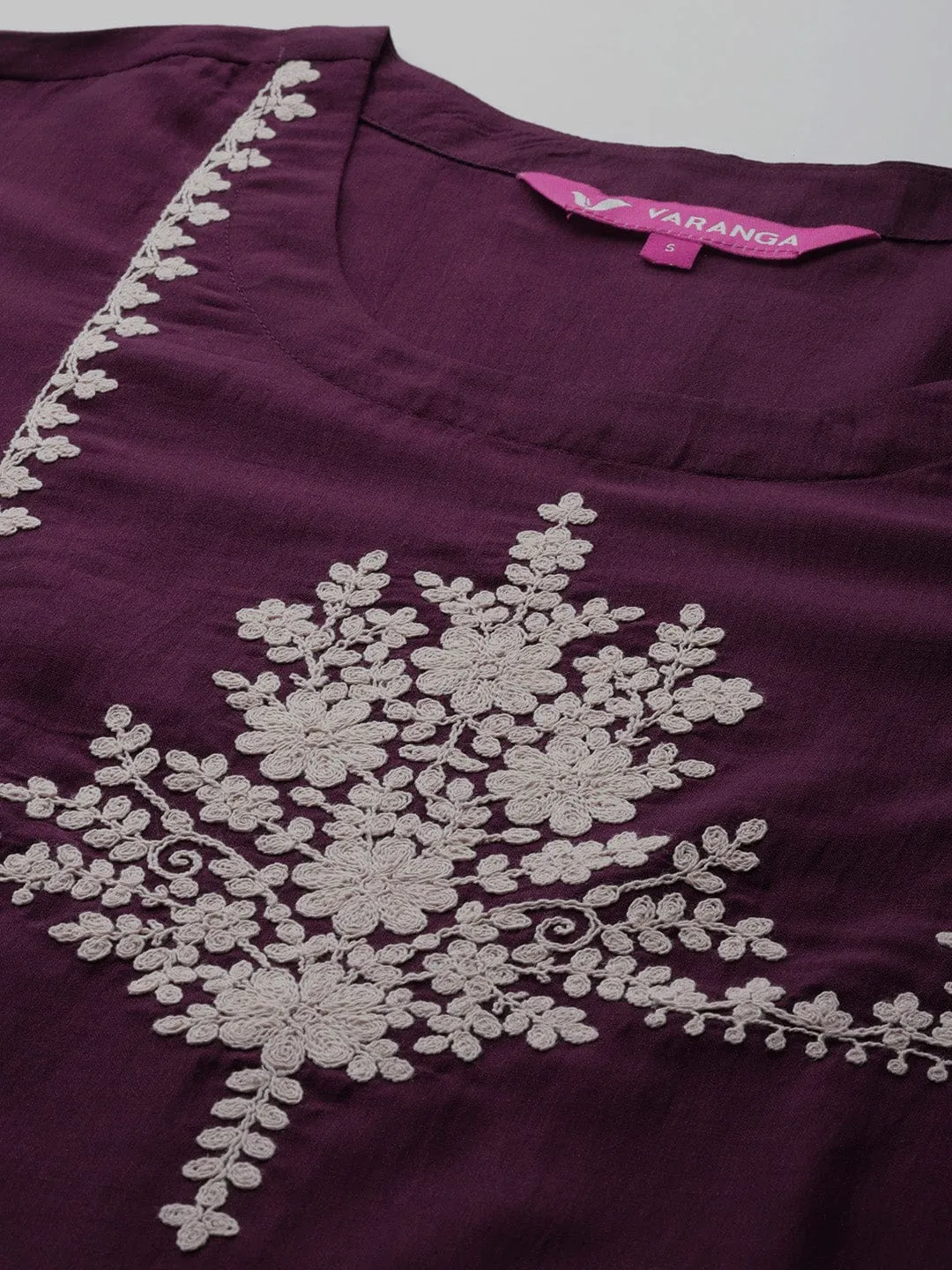 Varanga Women Violet Embroidered Short Straight Tunic With Embroidered Bottom