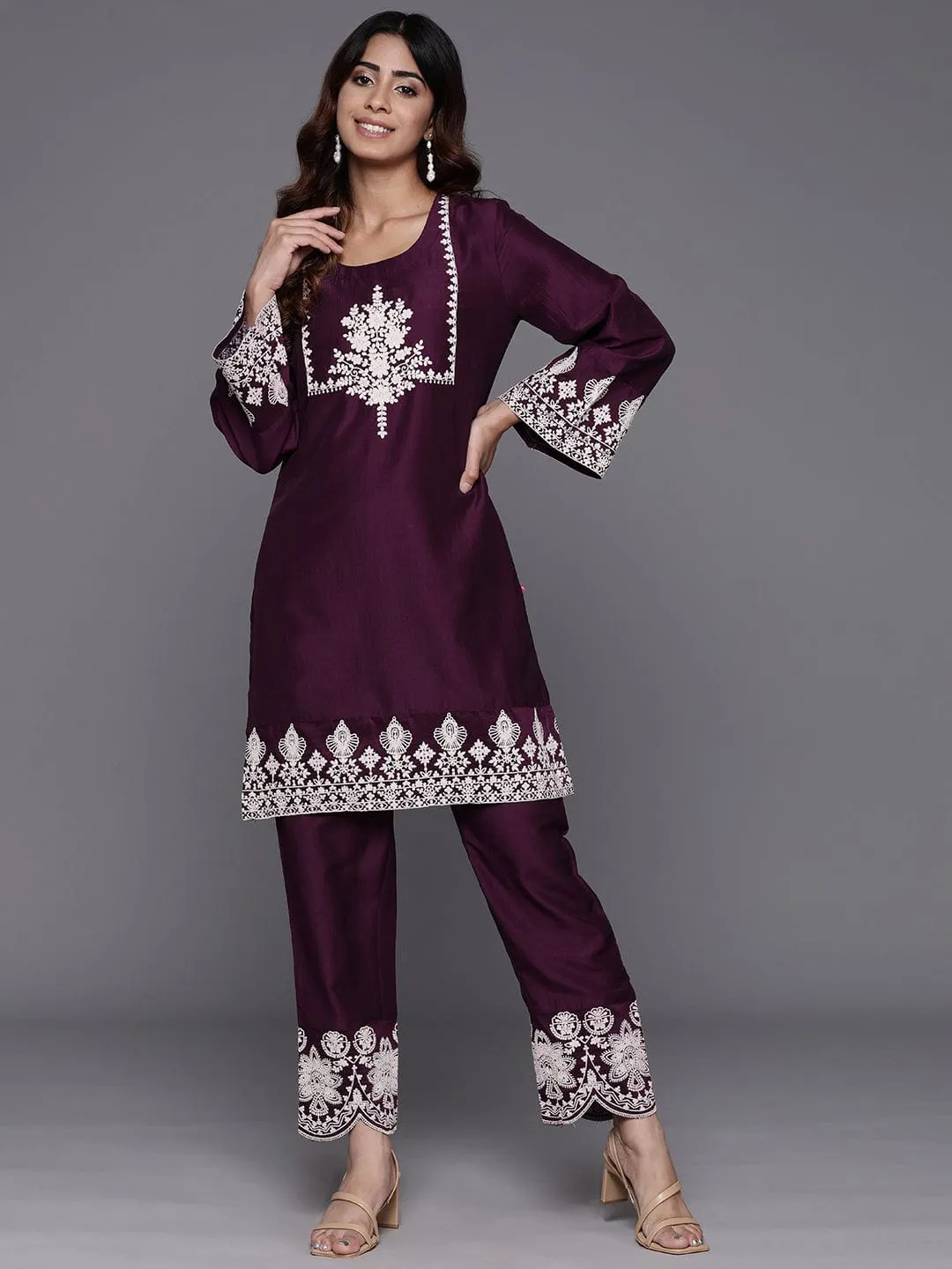 Varanga Women Violet Embroidered Short Straight Tunic With Embroidered Bottom