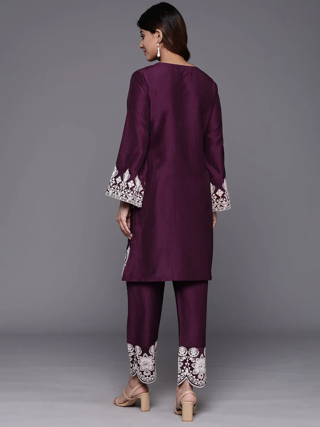 Varanga Women Violet Embroidered Short Straight Tunic With Embroidered Bottom