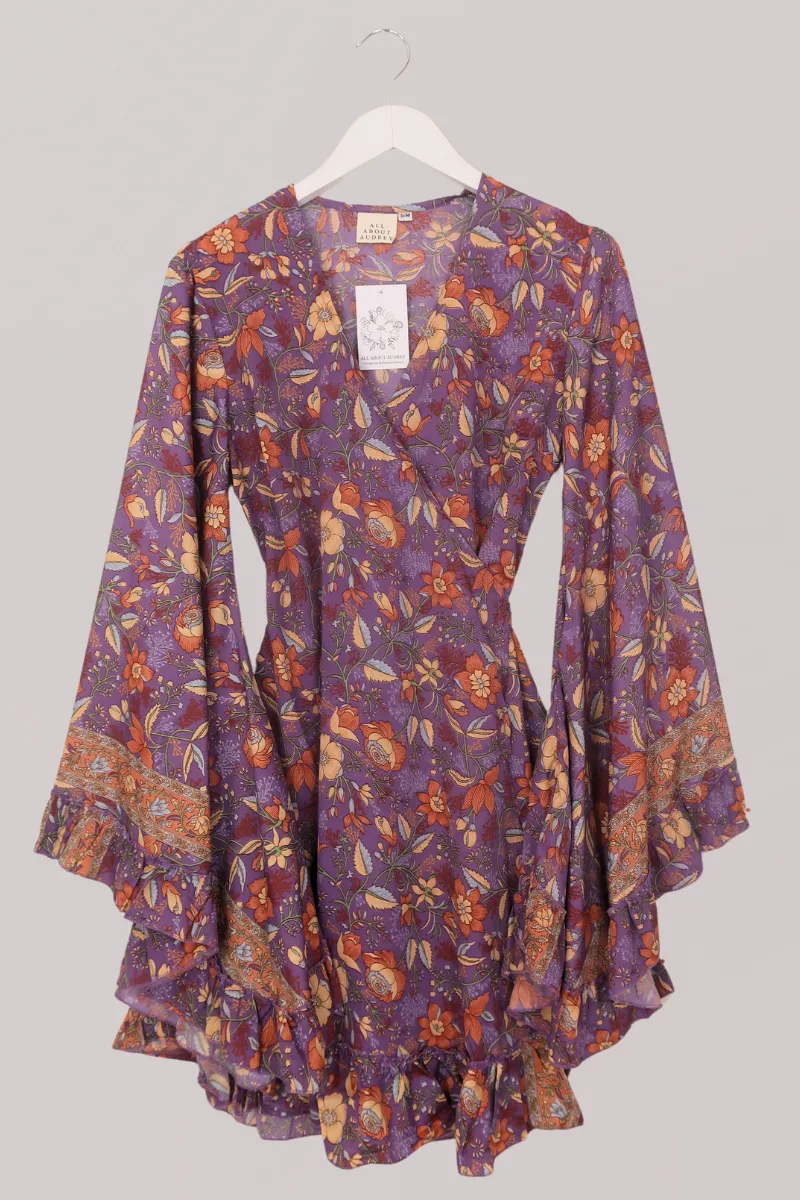 Venus Folklore Floral Mini Wrap Dress in Hibiscus Purple