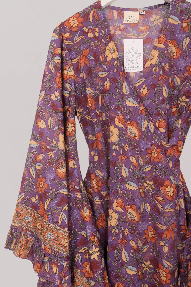 Venus Folklore Floral Mini Wrap Dress in Hibiscus Purple