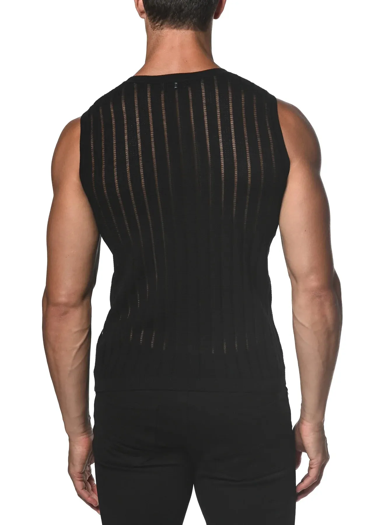 Vertical Stripe Textured Knit Vest (Black Sheer)