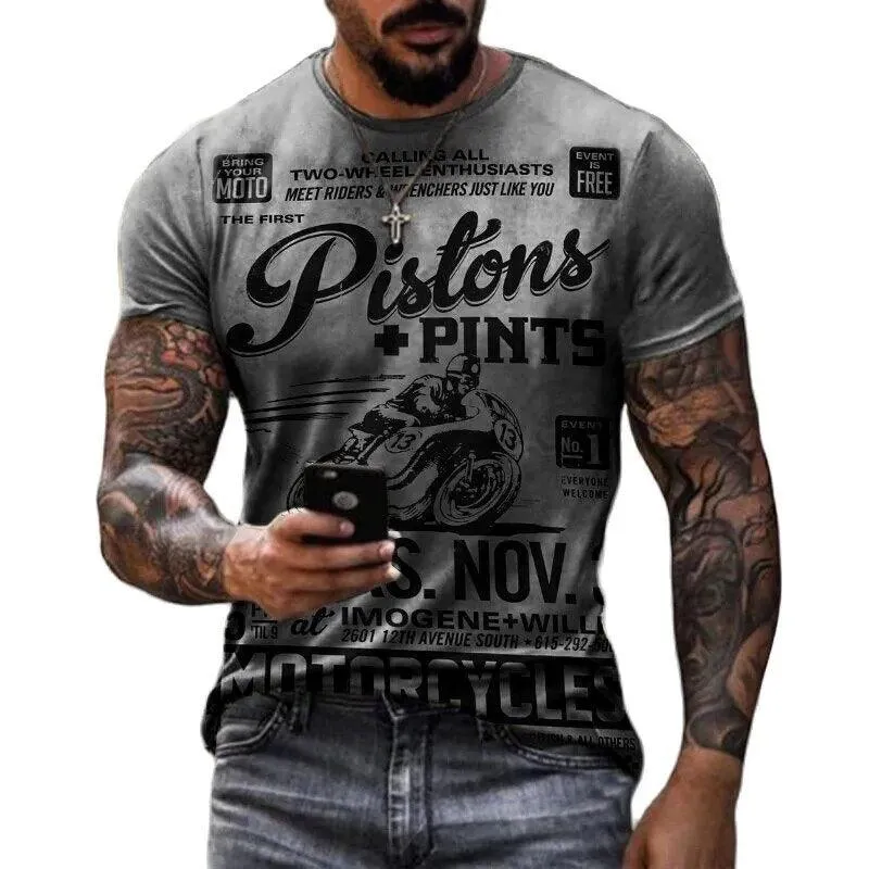 Vintage Men's T-shirts 3d Racing Printed,Trendy Oversized Tees Grey