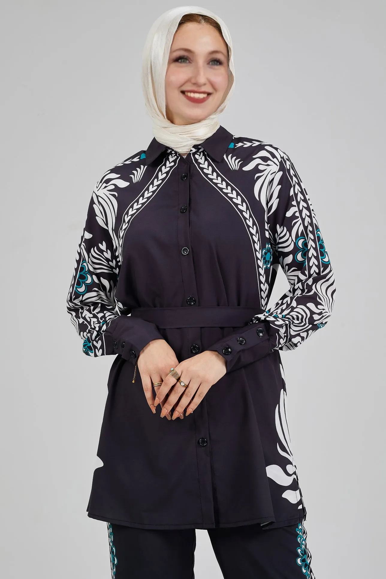 Wafa Celeste Floral Printed Button-Down Tunic with Matching Trousers