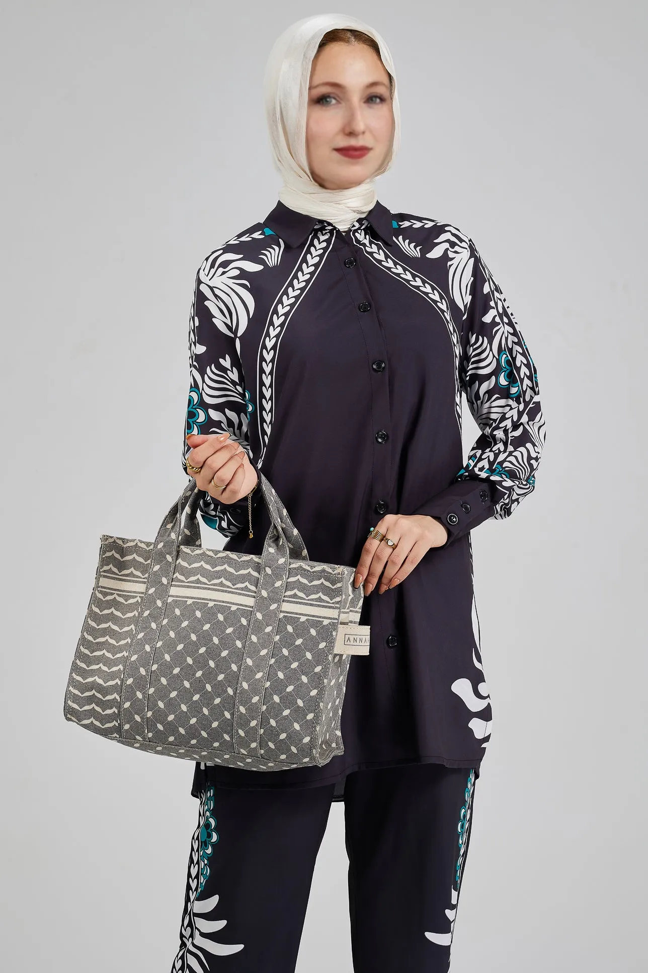 Wafa Celeste Floral Printed Button-Down Tunic with Matching Trousers