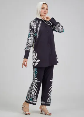 Wafa Celeste Floral Printed Button-Down Tunic with Matching Trousers