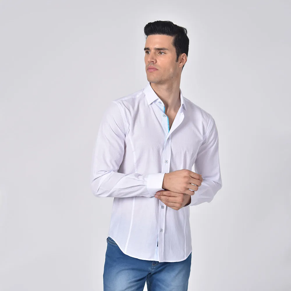 White Jacquard Button Down Shirt With Blue Trim