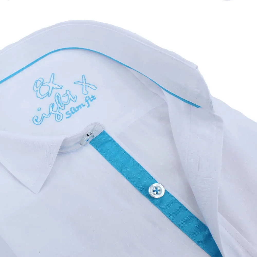 White Jacquard Button Down Shirt With Blue Trim