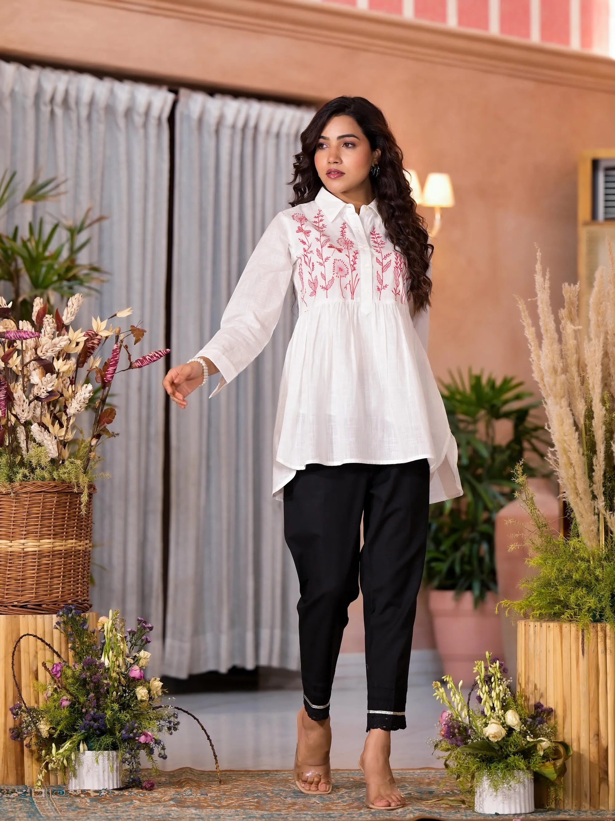 White Thread Embroidered Cotton Tunic With Button Closure