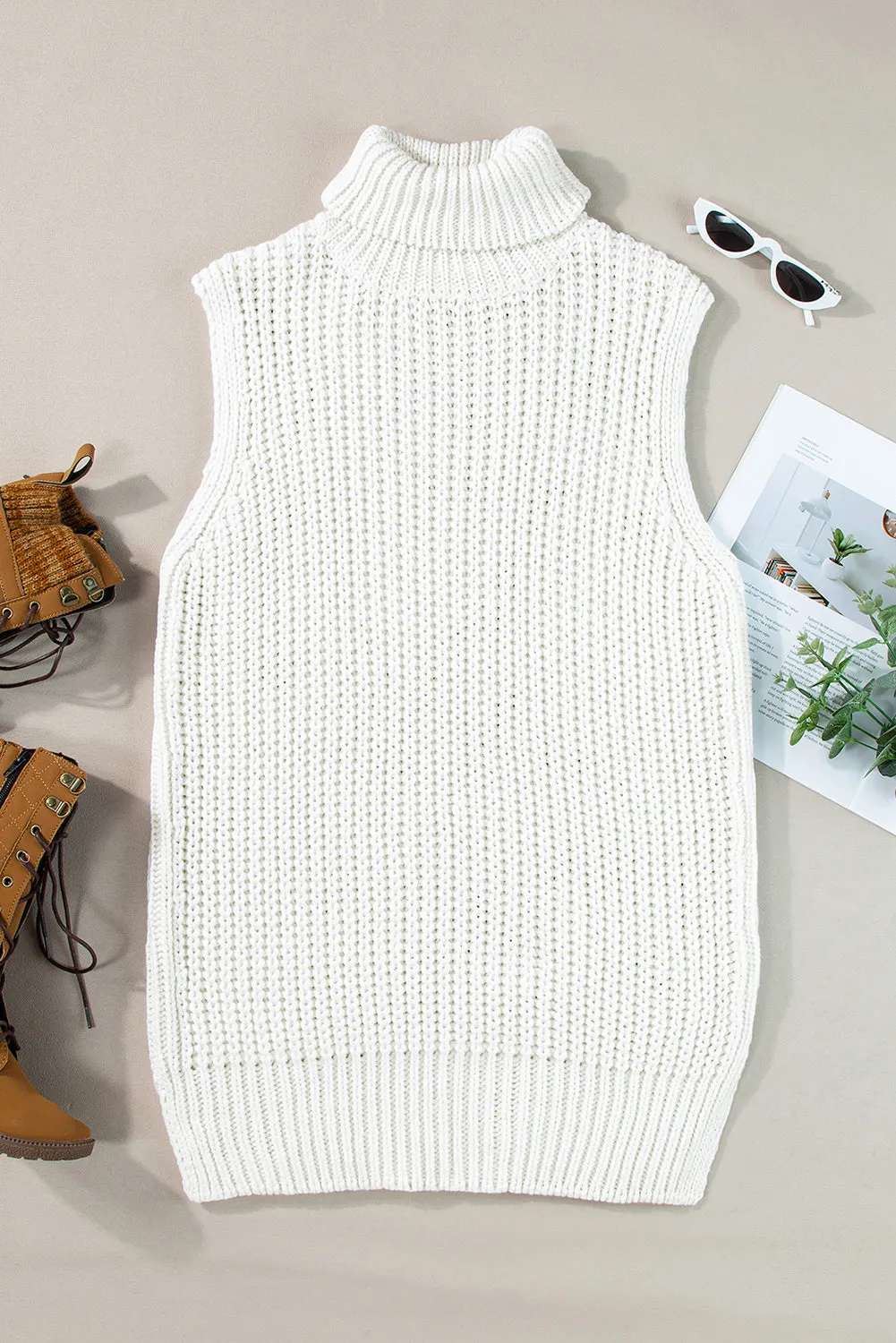 White Turtleneck Knitted Slit Hem Sweater Vest