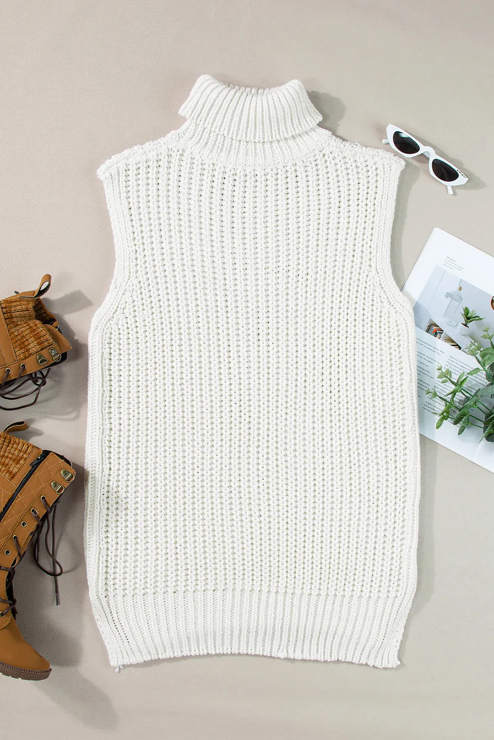 White Turtleneck Knitted Slit Hem Sweater Vest