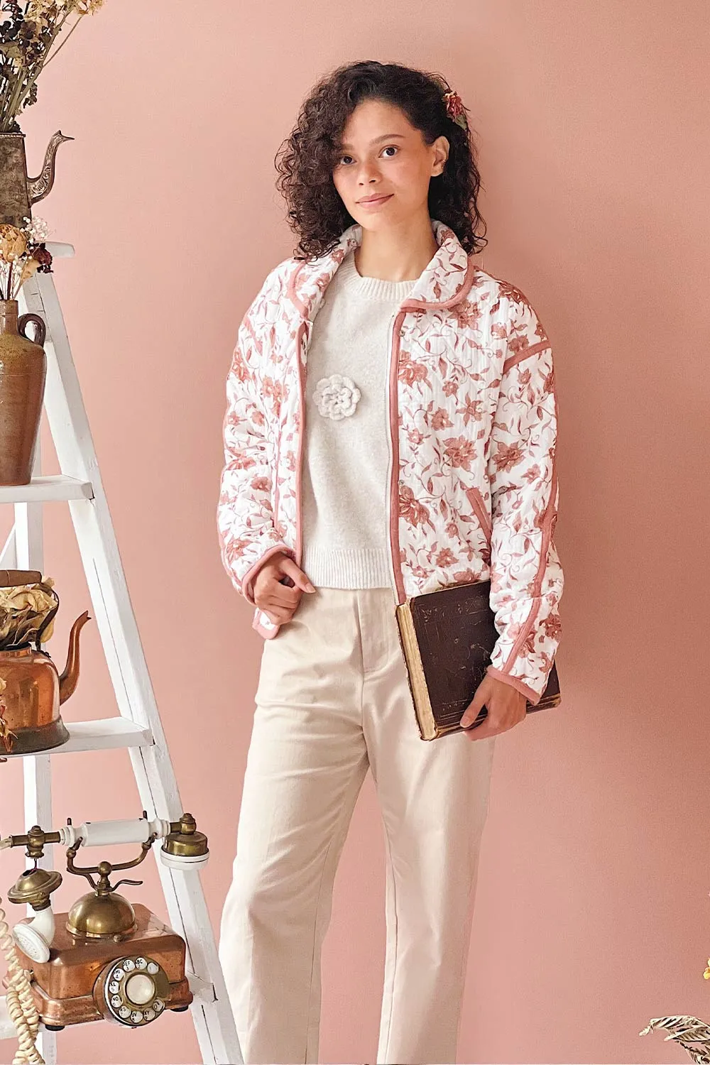 Wickette | White Quilted Coat w/ Floral Print