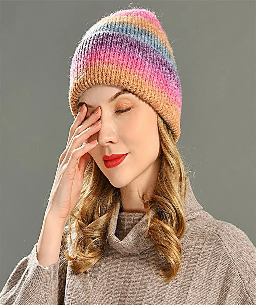 Women Beanie Hat Gradient Rainbow Color Soft Knit Toque Hat For Women