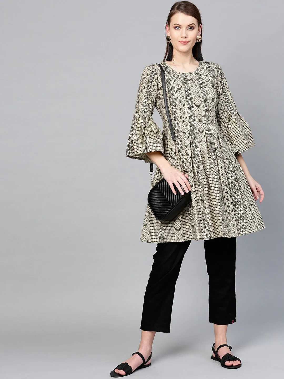 Women Beige & Black A-Line Tunic