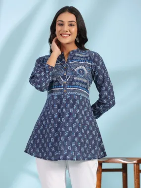 Women Blue Cotton Cambric Printed A-Line Tunic