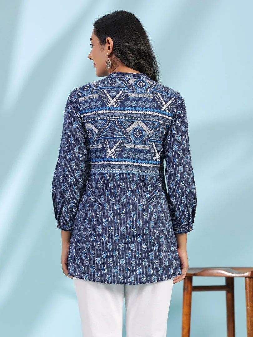 Women Blue Cotton Cambric Printed A-Line Tunic