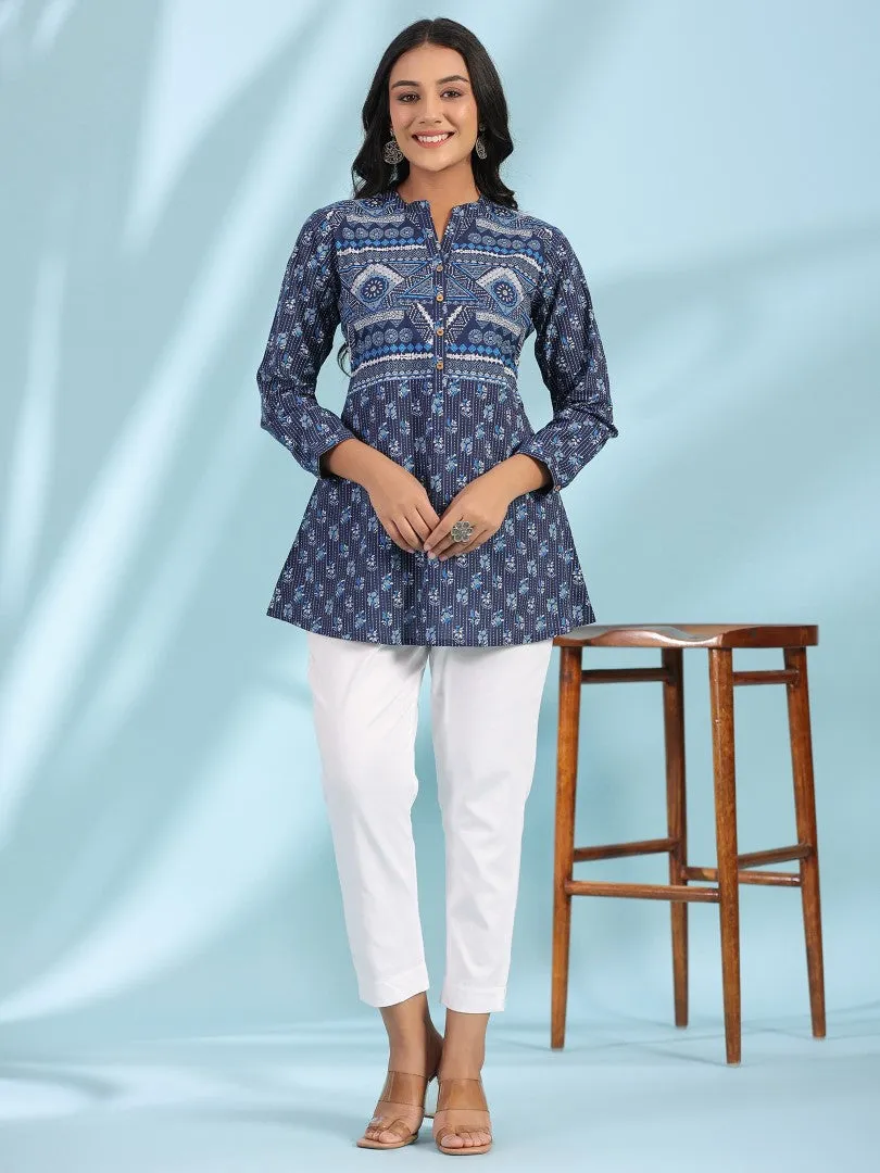 Women Blue Cotton Cambric Printed A-Line Tunic