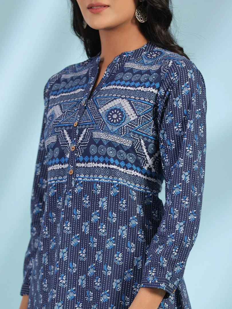 Women Blue Cotton Cambric Printed A-Line Tunic