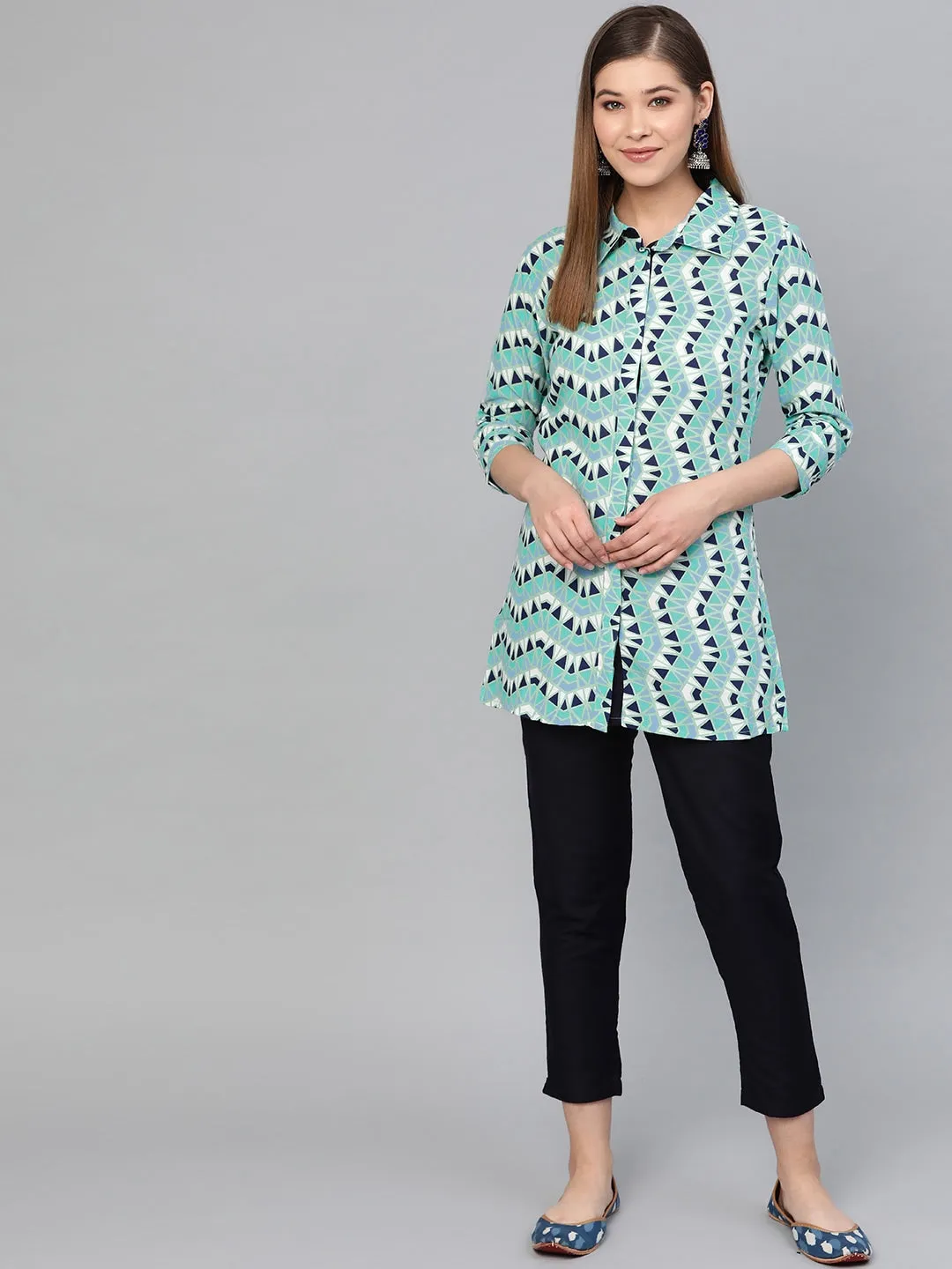 Women Green & Navy Blue Printed Tunic