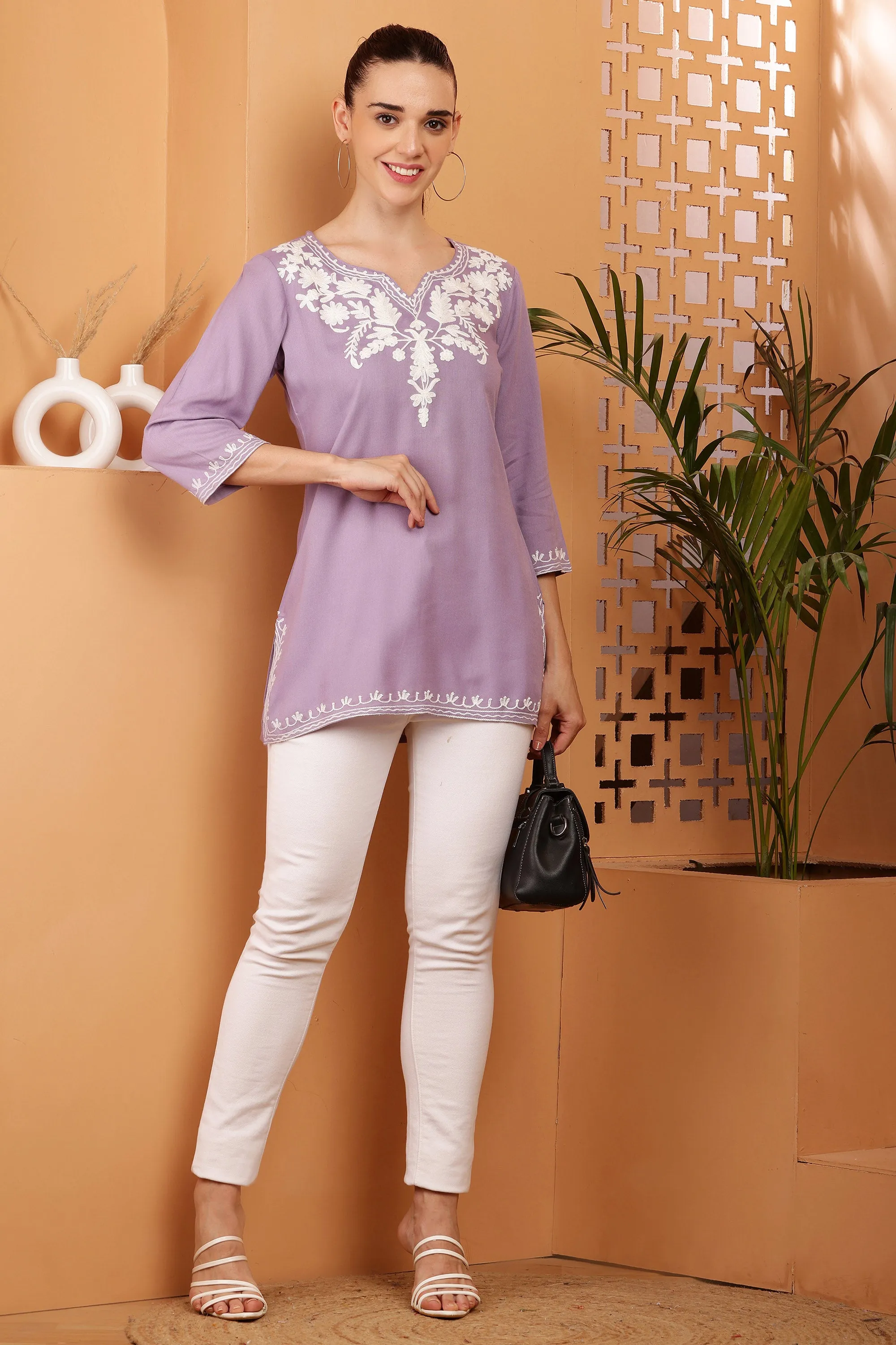 Women Lavender Embroidered Rayon Kurti