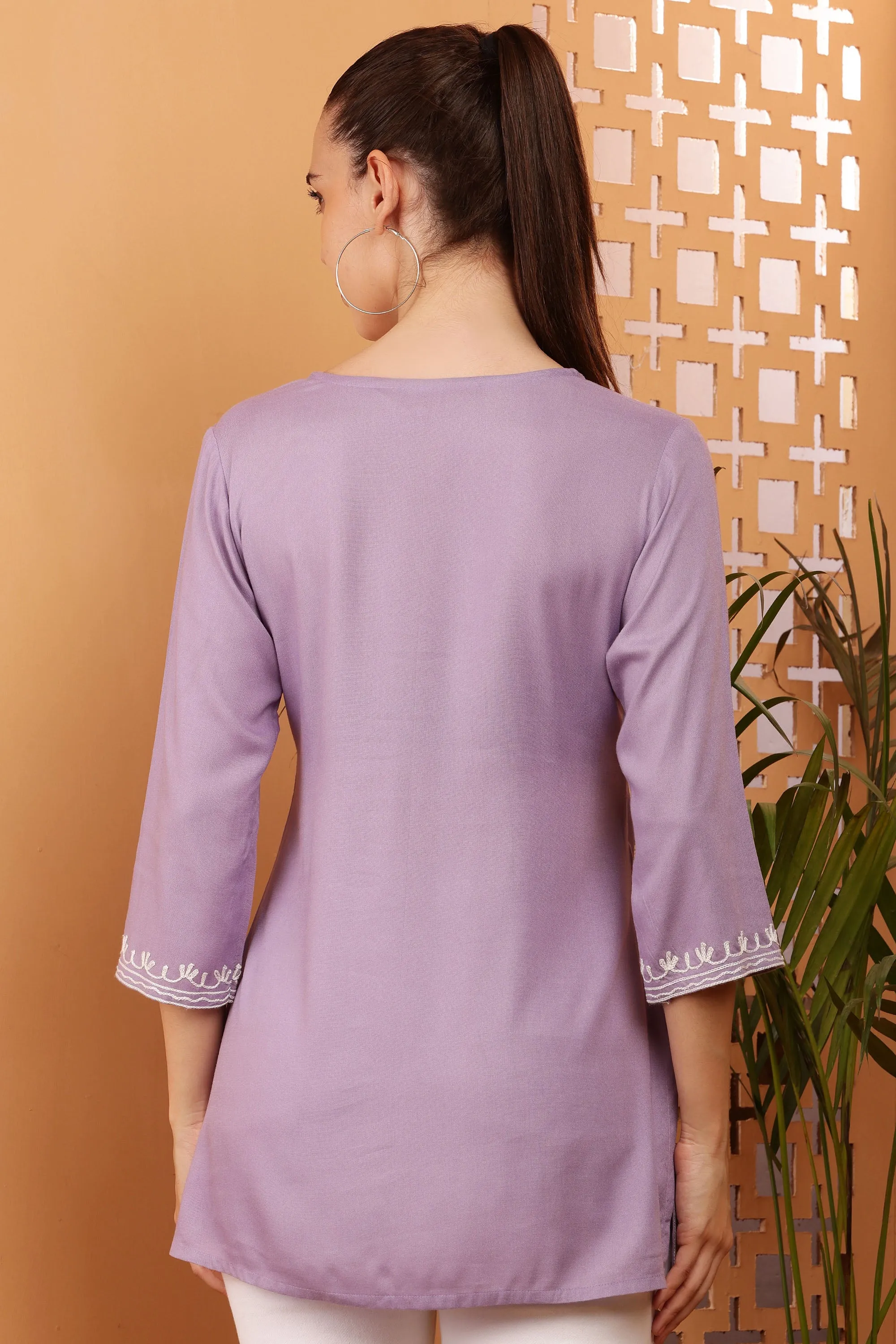 Women Lavender Embroidered Rayon Kurti