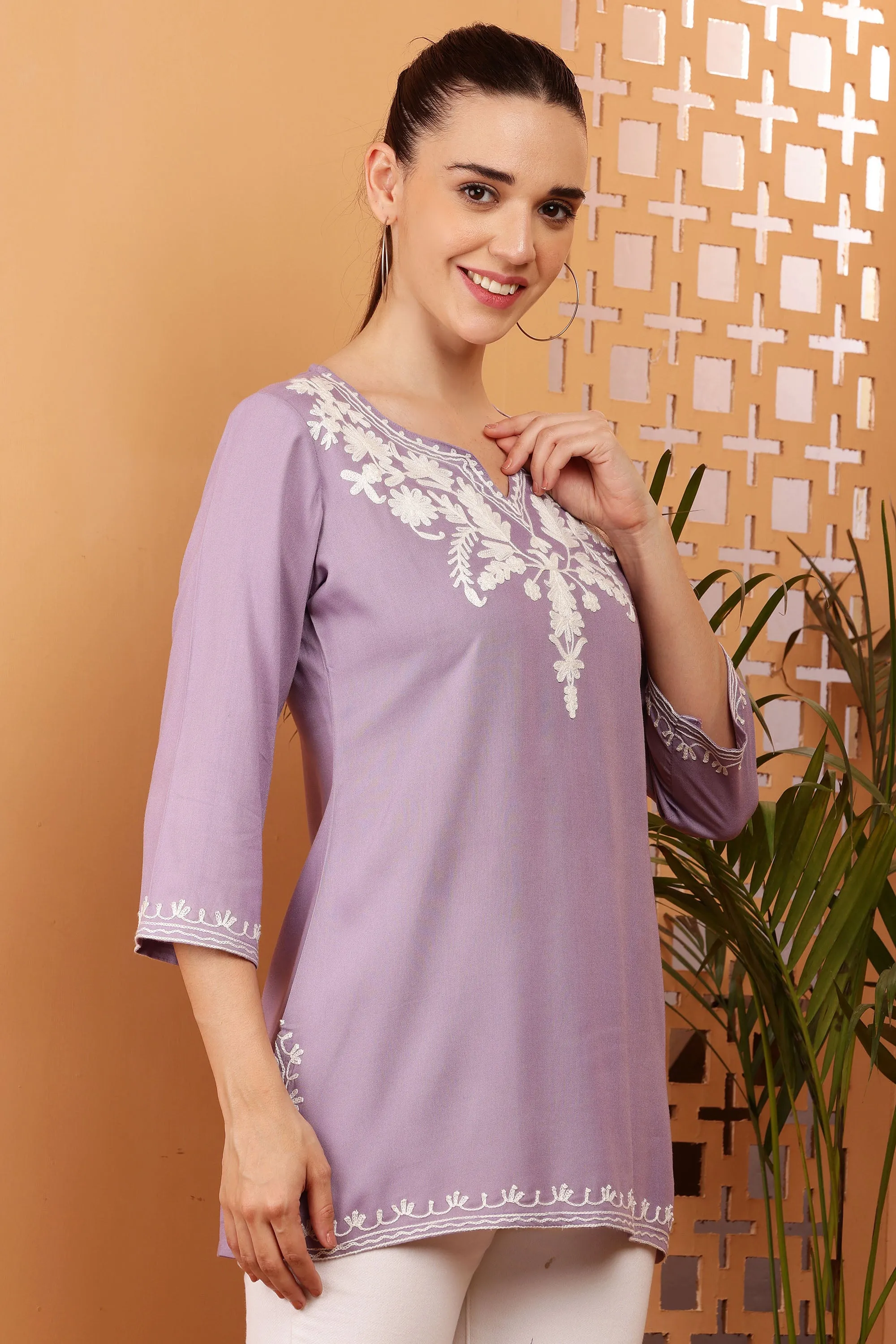 Women Lavender Embroidered Rayon Kurti