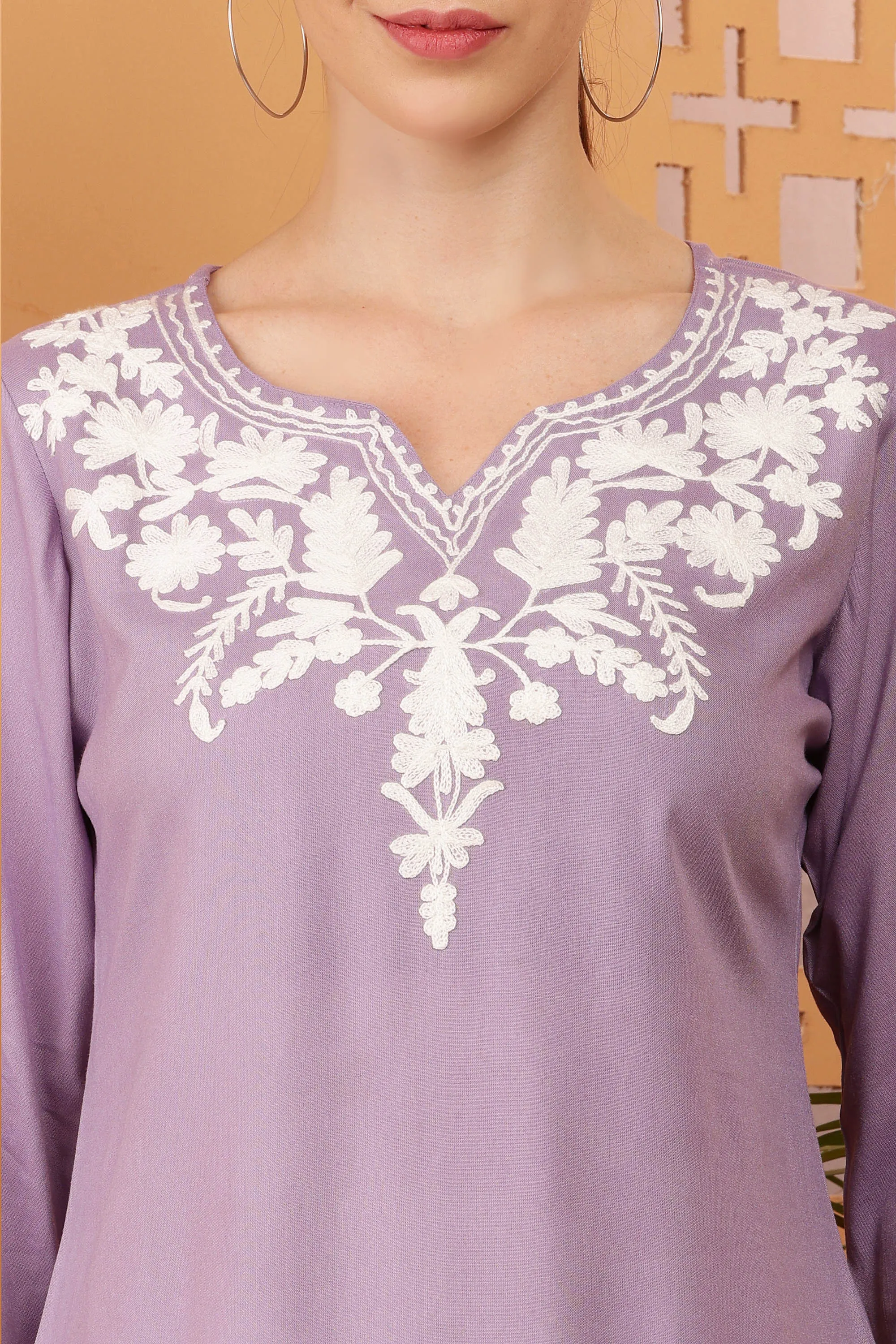 Women Lavender Embroidered Rayon Kurti