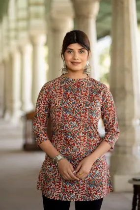 Women Maroon Printed Tunic With Mandarin Collar & Three Quarter Sleeves