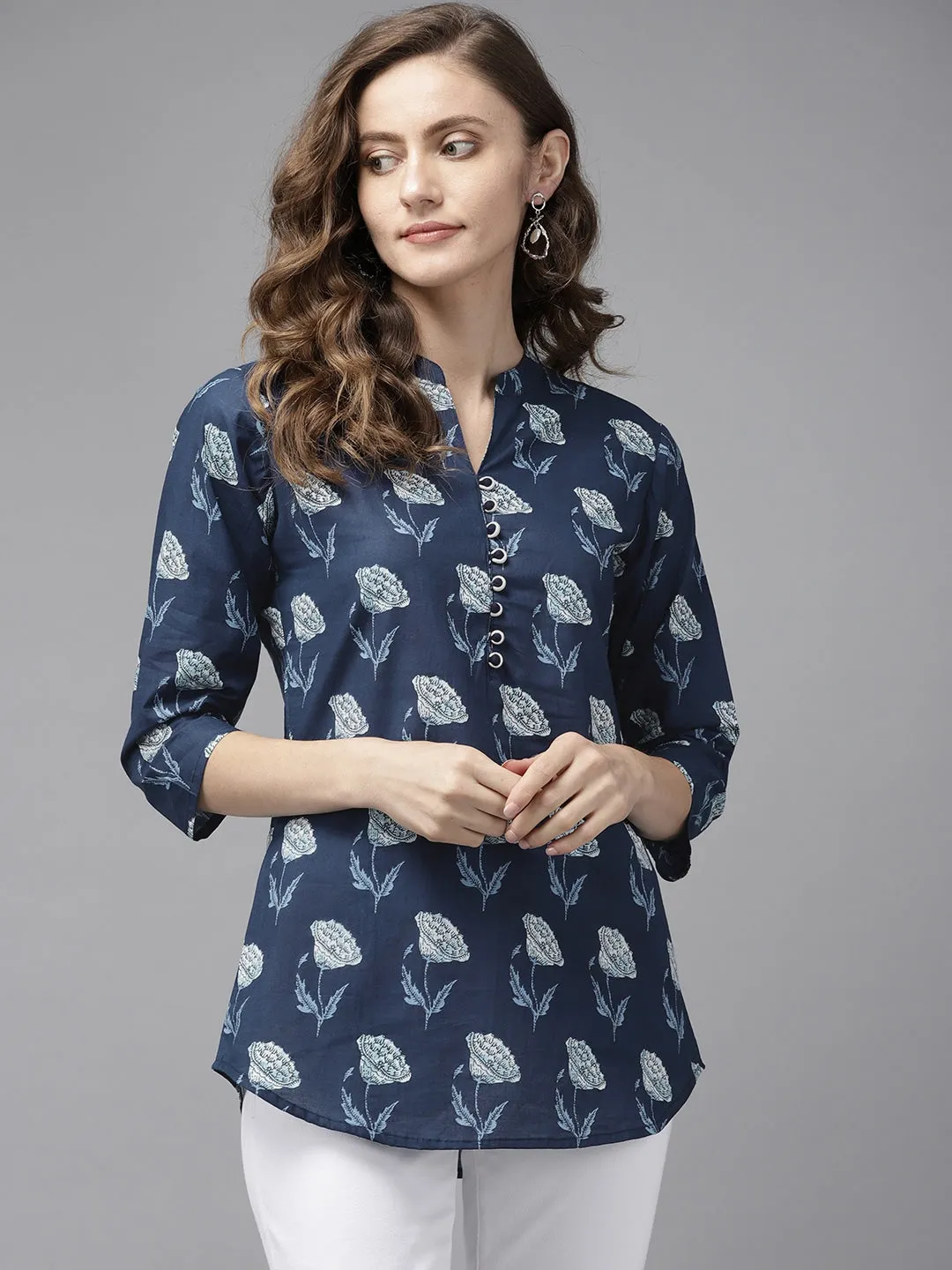 Women Navy Blue & Offwhite Printed Tunic