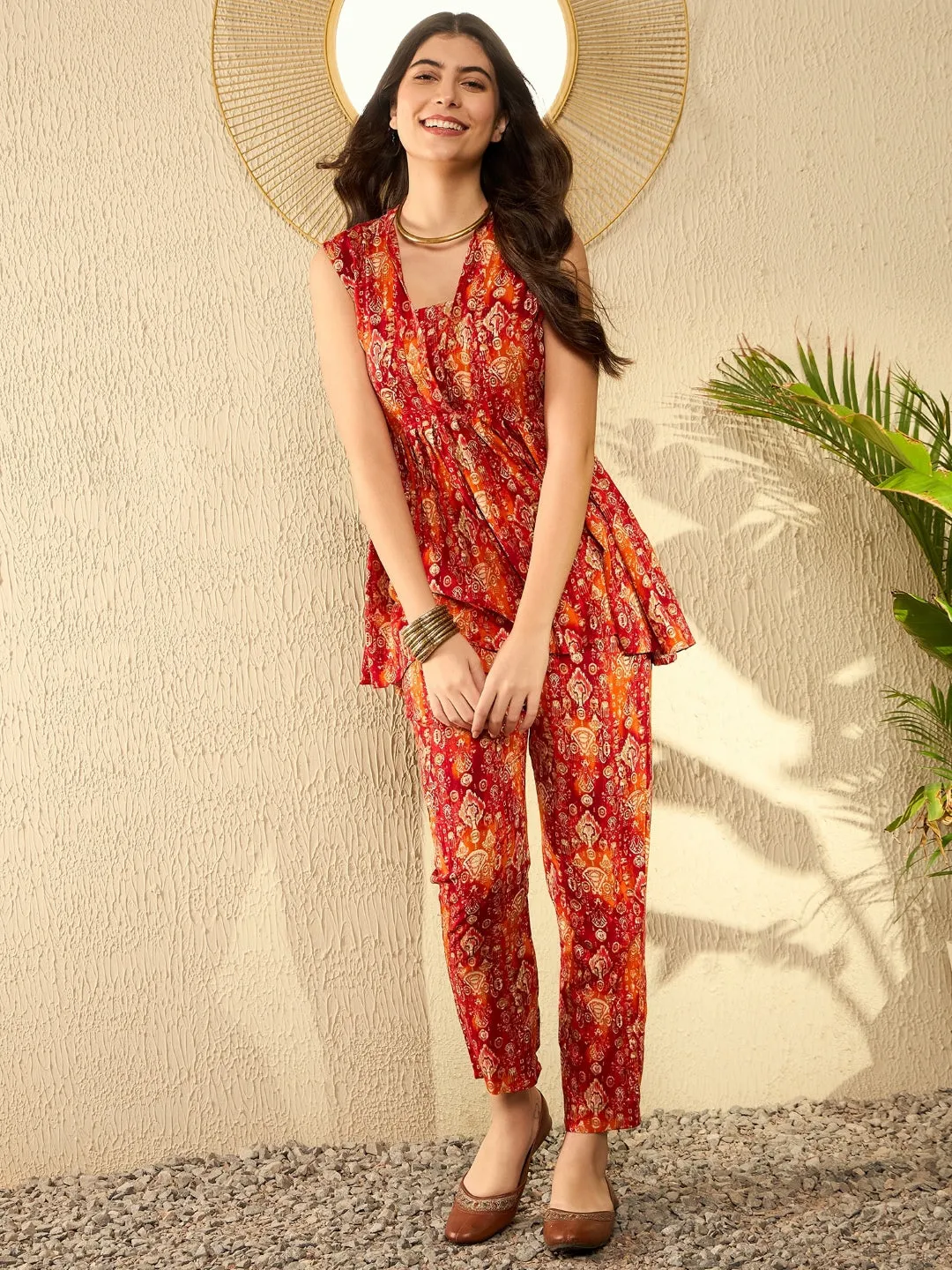 Women Orange Rayon Blend Ikat Printed Co-Ord Sets