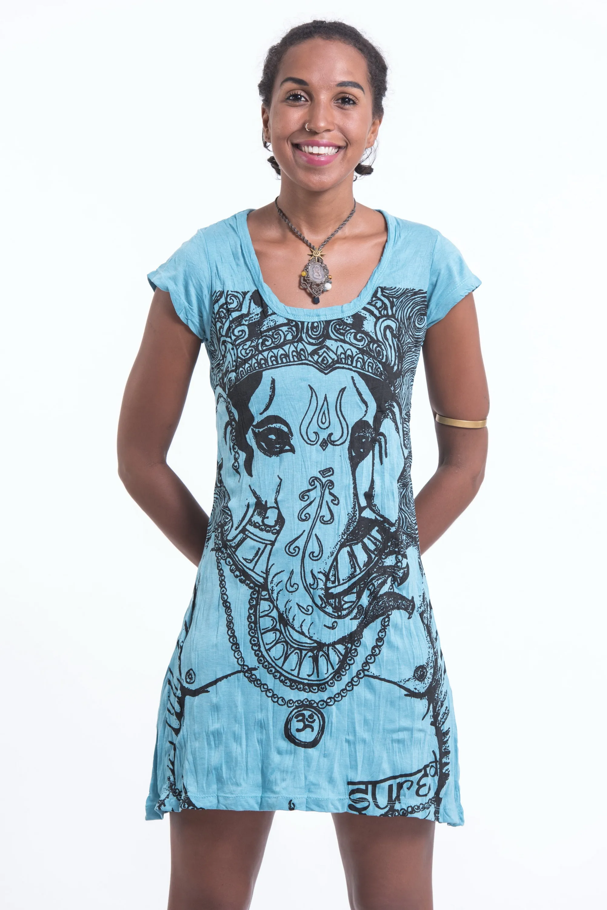 Womens Big Face Ganesh Dress in Turquoise